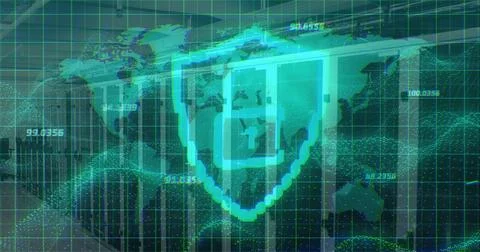 Displaying glowing shield icon with cross securing data on dashboard, world map Illustrazione stock