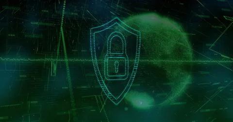Displaying glowing shield icon guarding data streams in cyber space, with Stock Photos