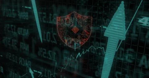 Displaying glowing shield with microchip circuit traces on dashboard, upward 스톡 사진
