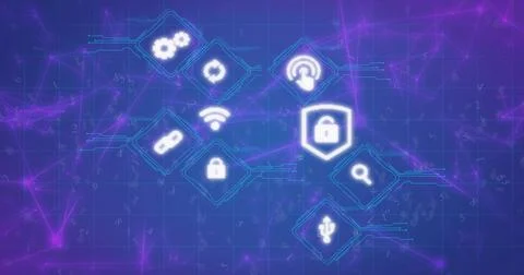 Displaying glowing shield-shaped padlock icon over blue grid, with circuits and 스톡 일러스트