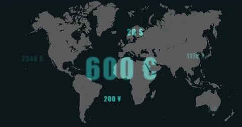 Displaying glowing teal 600 $ floating over gray world map on interface, with Foto stock