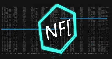 Displaying glowing teal hexagon frame containing pixelated NFT text on code Stock Illustration
