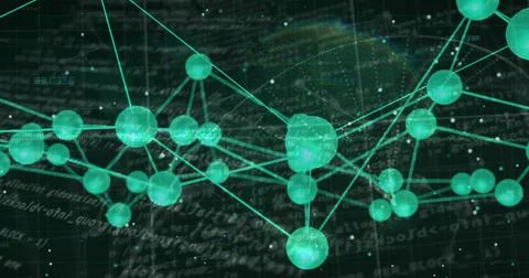 Displaying glowing teal nodes connecting by thin lines in data space, with grid Illustrazione stock