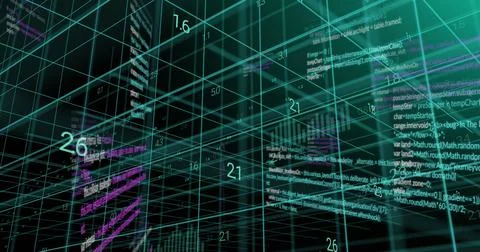 Displaying glowing turquoise 3D grid in dark virtual space, with floating Illustrazione stock