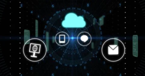 Displaying glowing turquoise cloud icon hovering over virtual interface, with Foto stock