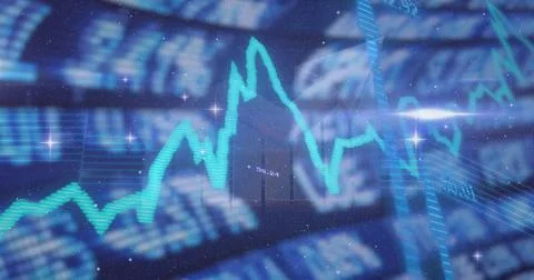 Displaying glowing turquoise line chart fluctuating on dashboard, with blurred 스톡 일러스트