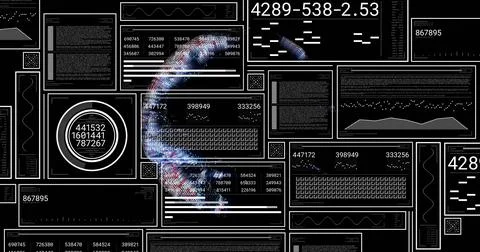 Displaying glowing vertical ribbon weaving through panels onscreen console, with Stock Illustration