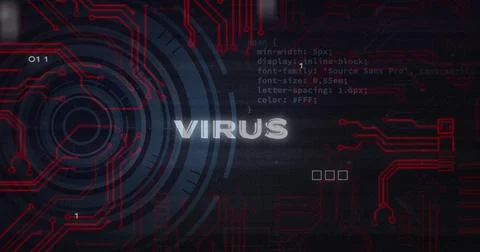 Displaying glowing 'VIRUS' warning text on security dashboard, with red circuit Stock Illustration