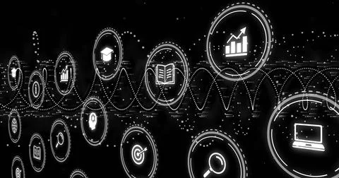 Displaying glowing white bar chart icon on data field with dotted wave Illustrazione stock