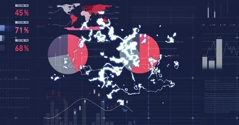 Displaying glowing white cluster on stylized map dashboard, showing red circl Stock Illustration