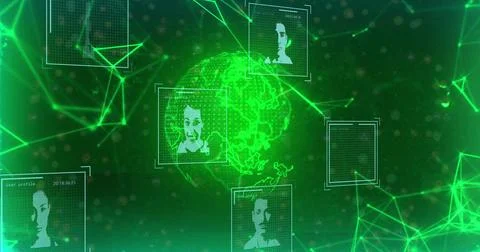 Displaying glowing wireframe Earth globe in cyberspace, with neon-green network Stockillustratie