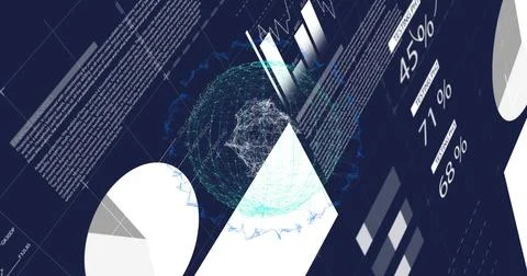 Displaying glowing wireframe sphere on dashboard with pie chart, text blocks, Stock Photos