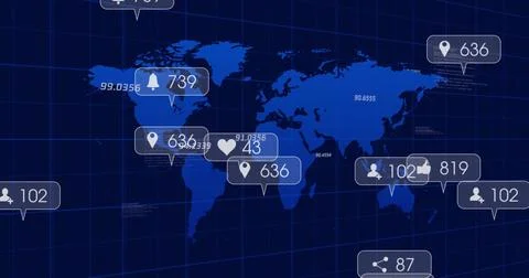 Displaying glowing world map on dark digital grid interface, with metric 스톡 일러스트