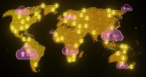 Displaying glowing world map on dashboard with tri mesh, lit lines, yellow Stock Illustration