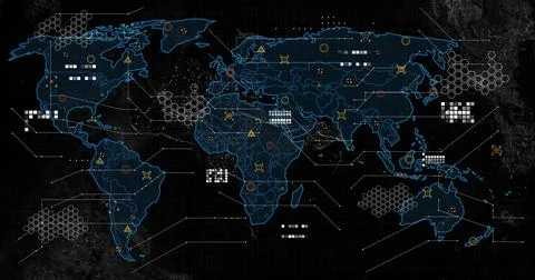 Displaying glowing world map on interface, showing hexagonal clusters, warning Illustrazione stock