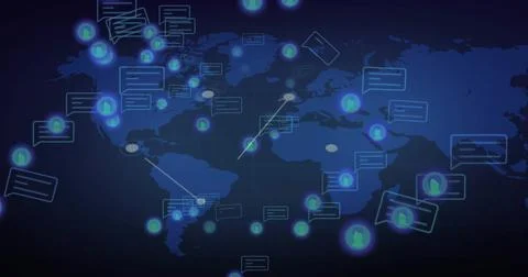 Displaying glowing world map overlaying digital interface, with avatar icons and Stockillustratie