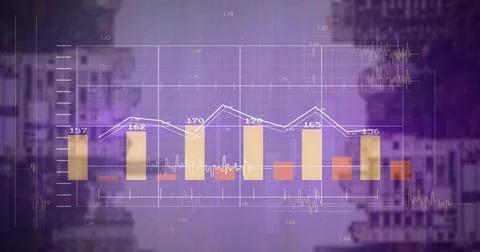 Displaying gold bar chart with white line graph at blurred urban skyline, Stock Photos