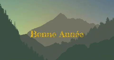 Displaying gold Bonne Annee text centering across layered ridges at sunrise, 스톡 일러스트