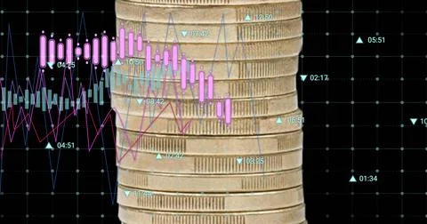 Displaying gold coin stack with pink candlesticks, blue-red line graphs, cyan Illustrazione stock