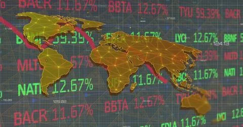 Displaying gold mesh world map showing network, falling red trend and green red Illustrazione stock