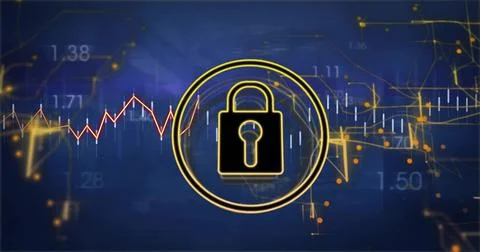 Displaying gold padlock icon on data dashboard with red graph, white bars, Illustrazione stock