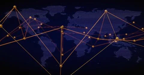 Displaying golden network of linked spherical nodes on dark navy world map, with Stock Photos