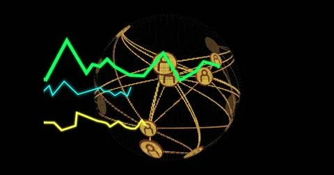 Displaying golden wireframe globe in void, with dotted mesh user icon nodes and Stock Illustration