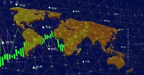 Displaying golden world map on dark blue grid, showing green candlesticks and Stock Illustration