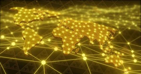 Displaying golden world map tilting top-right on dark tiled plane with glowing Illustrazione stock