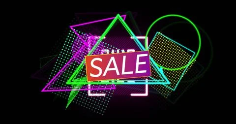 Displaying gradient badge reading SALE on online ad banner, with neon triangles Illustrazione stock