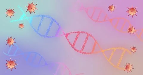Displaying gradient DNA helix floating diagonally in digital abstract graphic, Stock Illustration