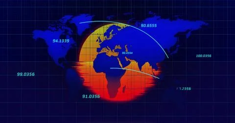 Displaying gradient globe overlay over world map on blue grid, showing arrows Ilustração Stock