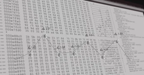 Displaying graph with triangular and square icons moving across monitor hex Foto stock