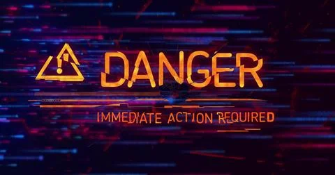 Displaying graphic on glitch screen, orange caution icon, neon DANGER, IMMEDIATE 스톡 일러스트