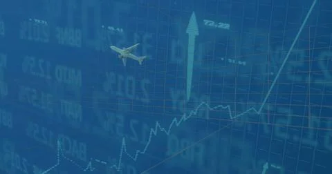 Displaying graphic on interface with grid, tickers, dotted-line graph, airplane Stock Photos