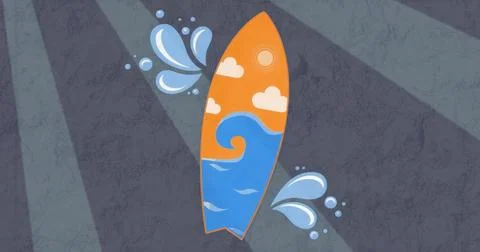 Displaying graphic surfboard featuring orange sun and wave design on gray Stock Illustration
