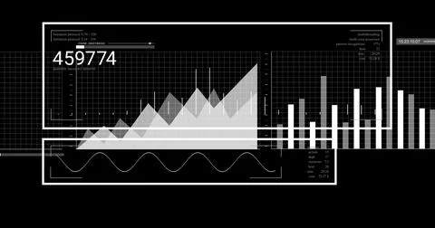 Displaying graphical dashboard panel at control interface, with charts, numeric Foto stock