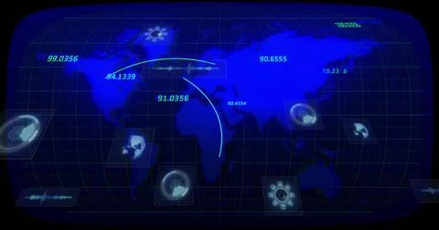 Displaying graphical interface with world map, numeric labels on grid and curved Stock Illustration