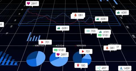Displaying graphs and charts floating above 3D grid, with social media icons and Stock Photos