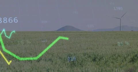 Displaying grassy field in rural plain showing overlaid green line graph, Stock Photos