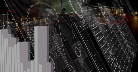 Displaying gray 3D bar chart hovering over night city skyline, with HUD panels, Stock Illustration