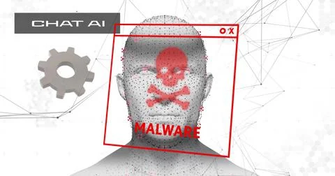 Displaying gray 3D head bust centered in digital interface, showing red skull Illustrazione stock