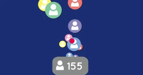 Displaying gray badge showing user count 155 on blue screen with colored Stock Illustration