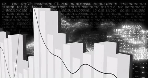 Displaying gray bar-chart columns rising in digital field, with black line graph Stock Photos
