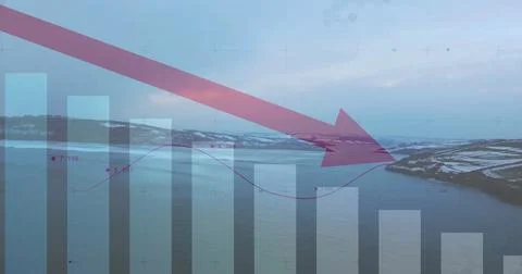 Displaying gray bar chart with purple line, red markers and arrow over Stock Photos