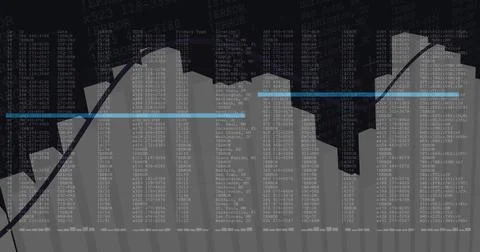 Displaying gray bar chart tracing error codes with black cyan trend lines on Stock Illustration