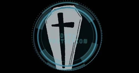 Displaying gray coffin-shaped icon with black cross on interface overlay, Stock Photos