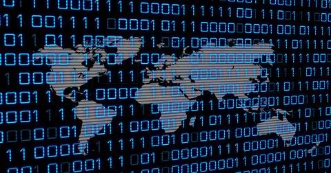 Displaying gray world map at center on dark field, overlaying blue binary grid Stock Photos