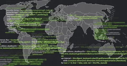 Displaying gray world map showing code snippets and green streaks on dashboard, イラスト素材