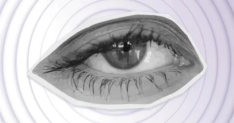 Displaying grayscale eye cut-out occupying center of graphic plane, with lave Stock Photos